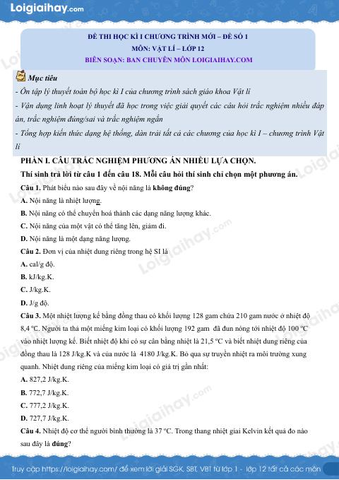Đề thi học kì 1 Vật lí 12 Chân trời sáng tạo - Đề số 1